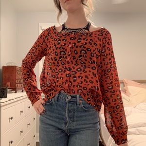 Orange Leopard Print Opaque Blouse